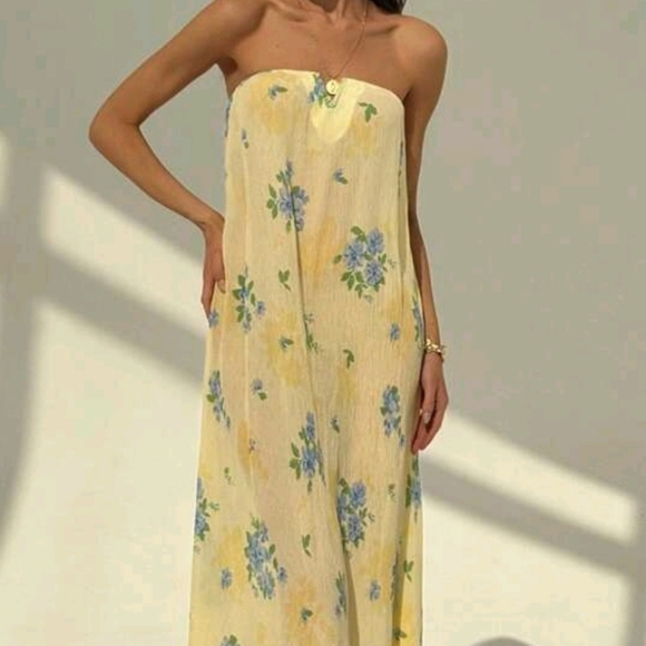 New Strapless Pleated Wrinkle Beach Vacation Sexy Slimming Artistic Print Dress - Picture 3 of 7